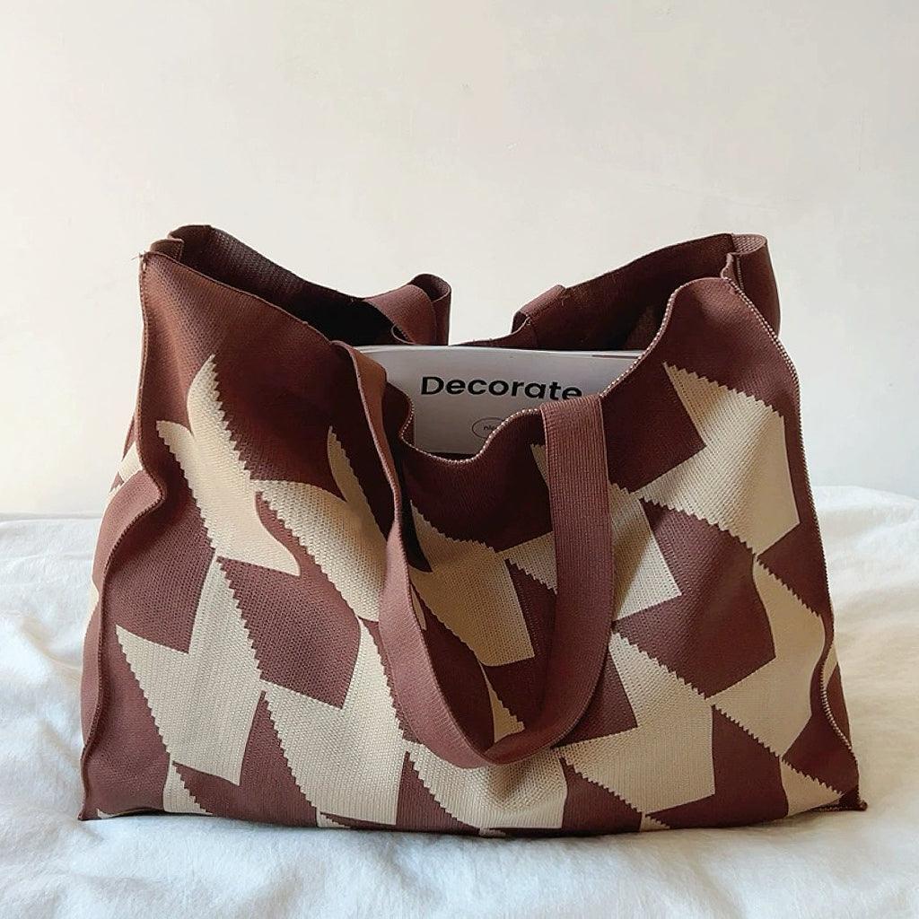 Sac cabas femme grand format imprimé géométrique tricoté porté épaule shopper