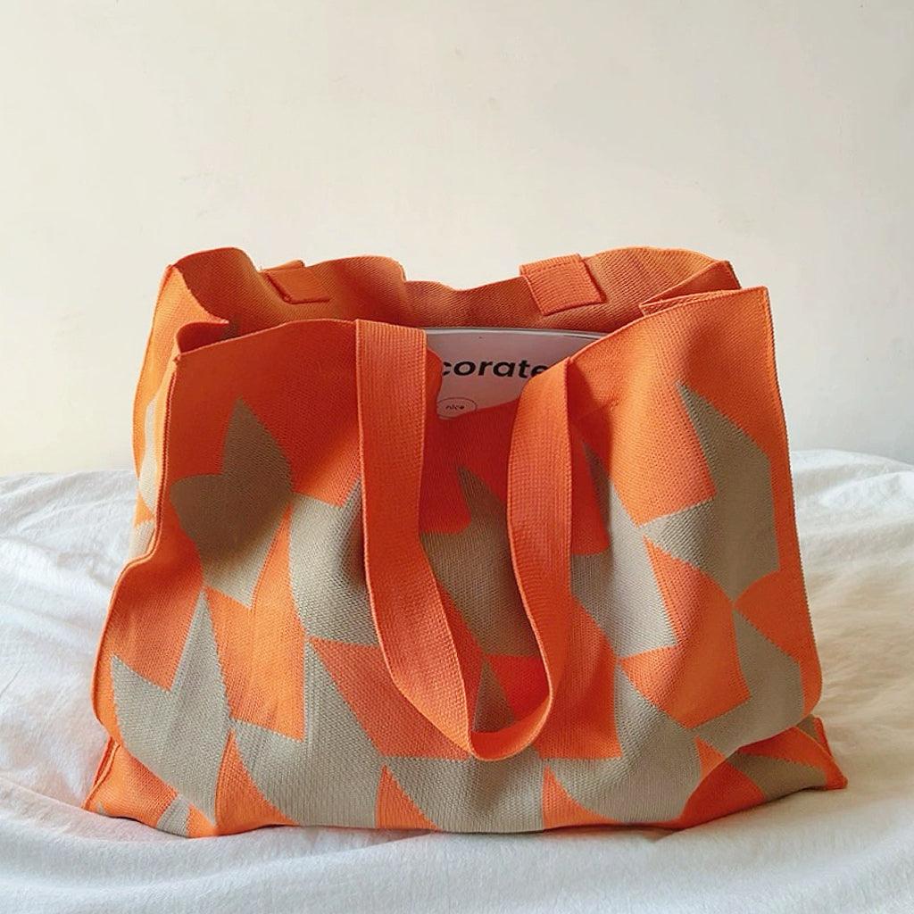 Sac cabas femme grand format imprimé géométrique tricoté porté épaule shopper