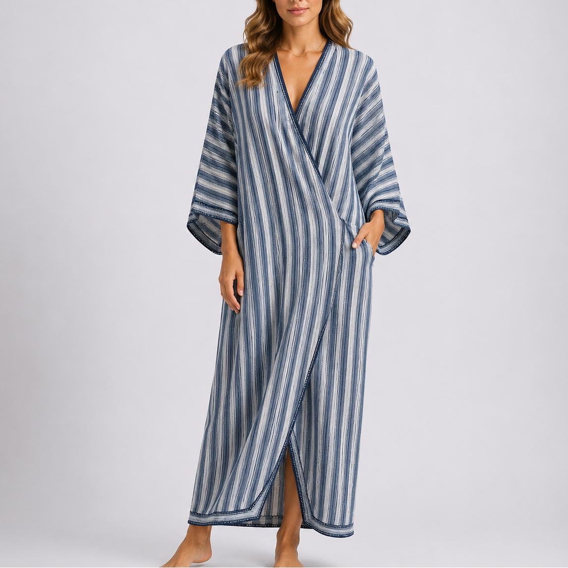 Robe kimono femme longue imprimé rayures col V manches amples poches