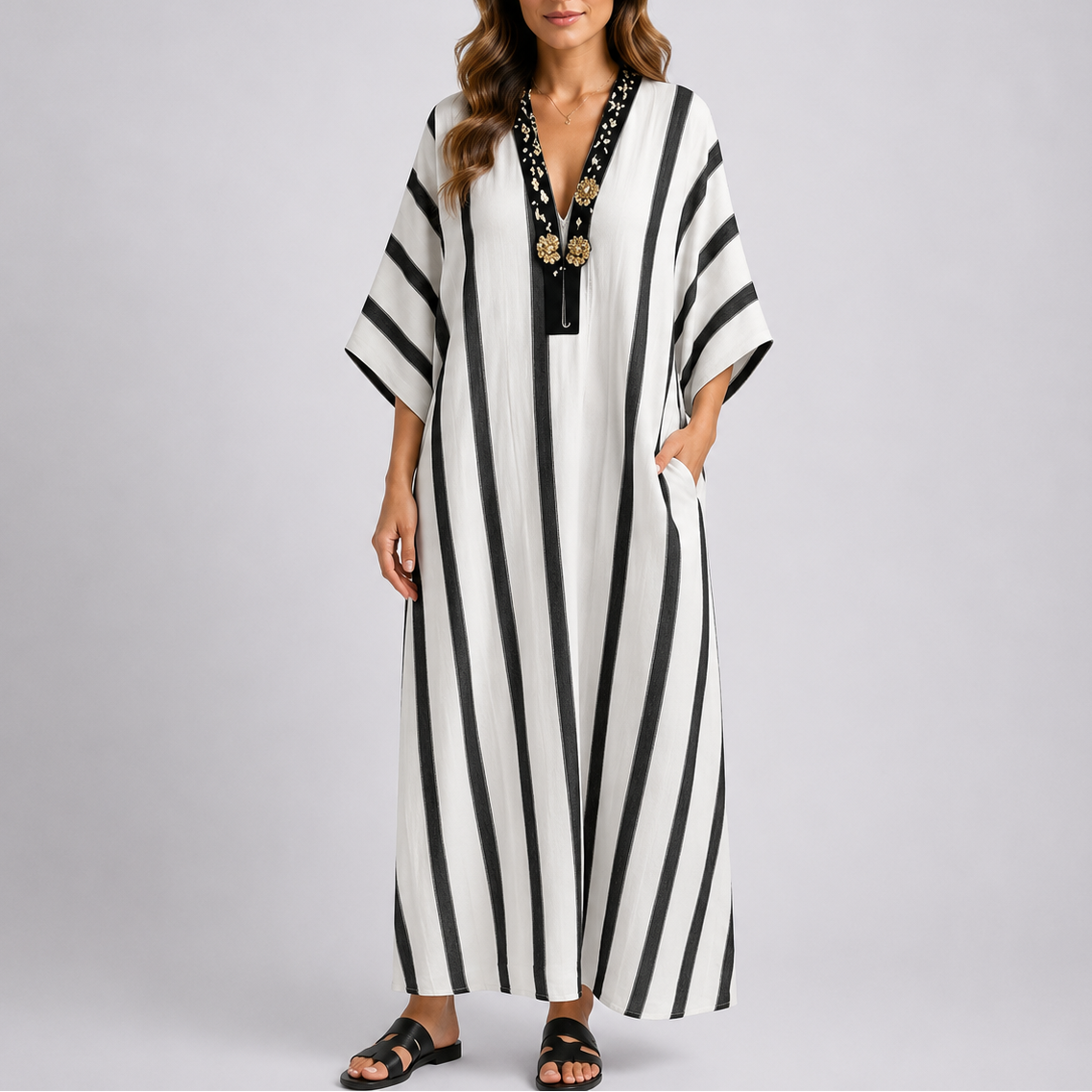 Robe kimono femme longue imprimé rayures col V manches amples poches