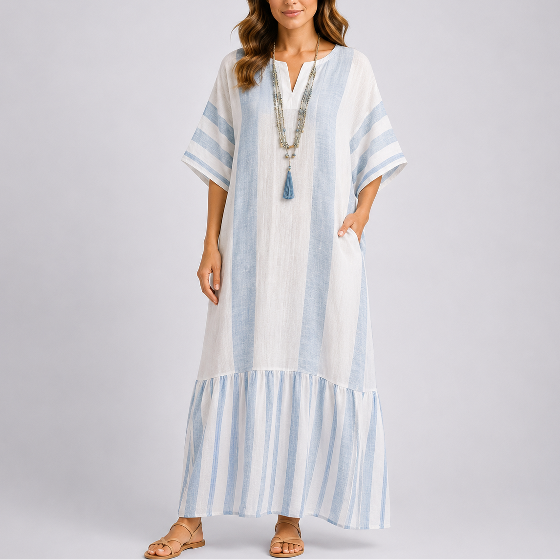 Robe kimono femme longue imprimé rayures col V manches amples poches