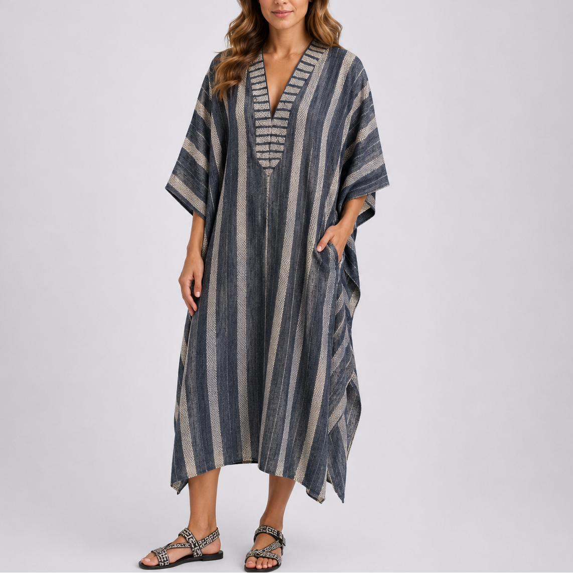 Robe kimono femme longue imprimé rayures col V manches amples poches