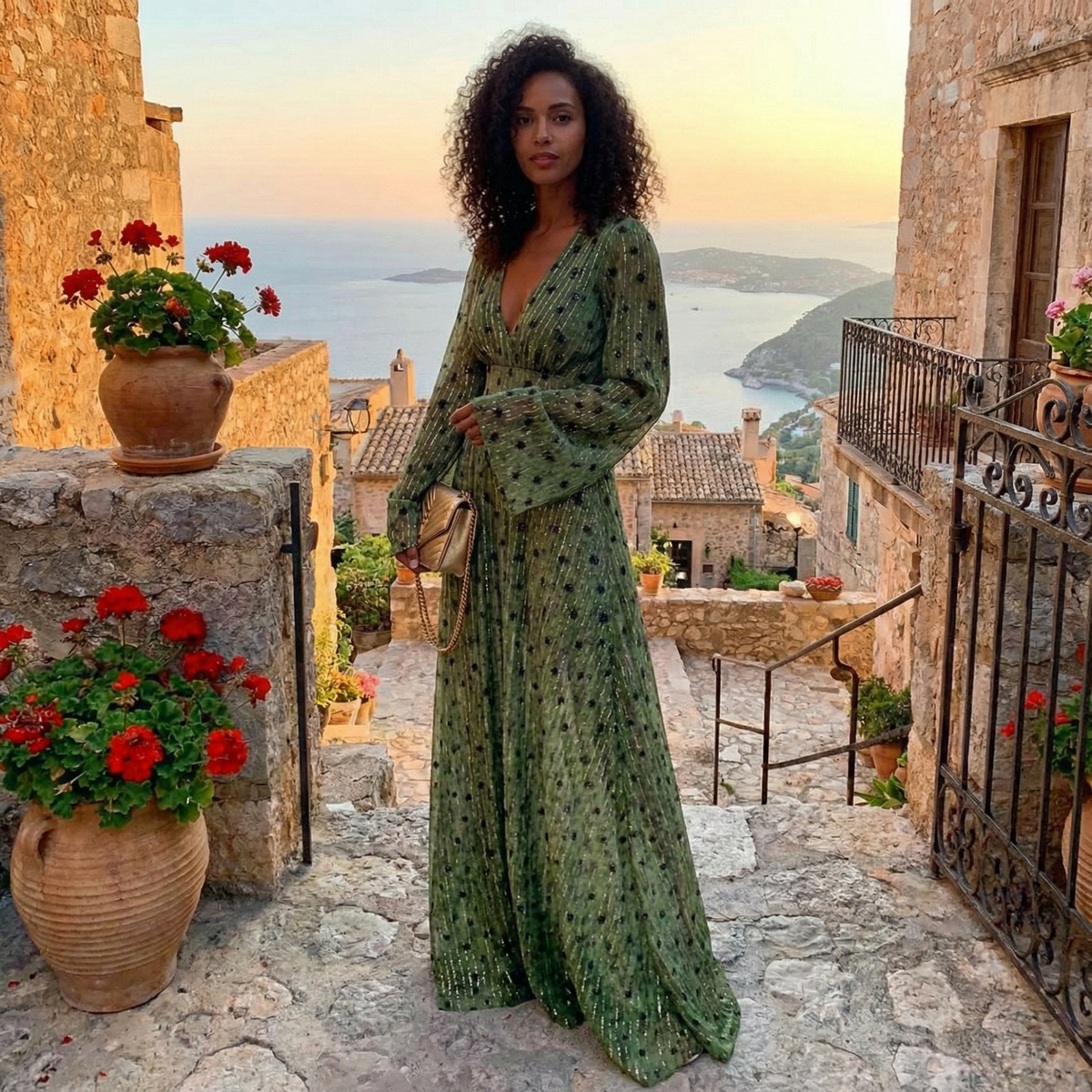 Robe longue femme à pois avec col V plongeant et manches longues fluides