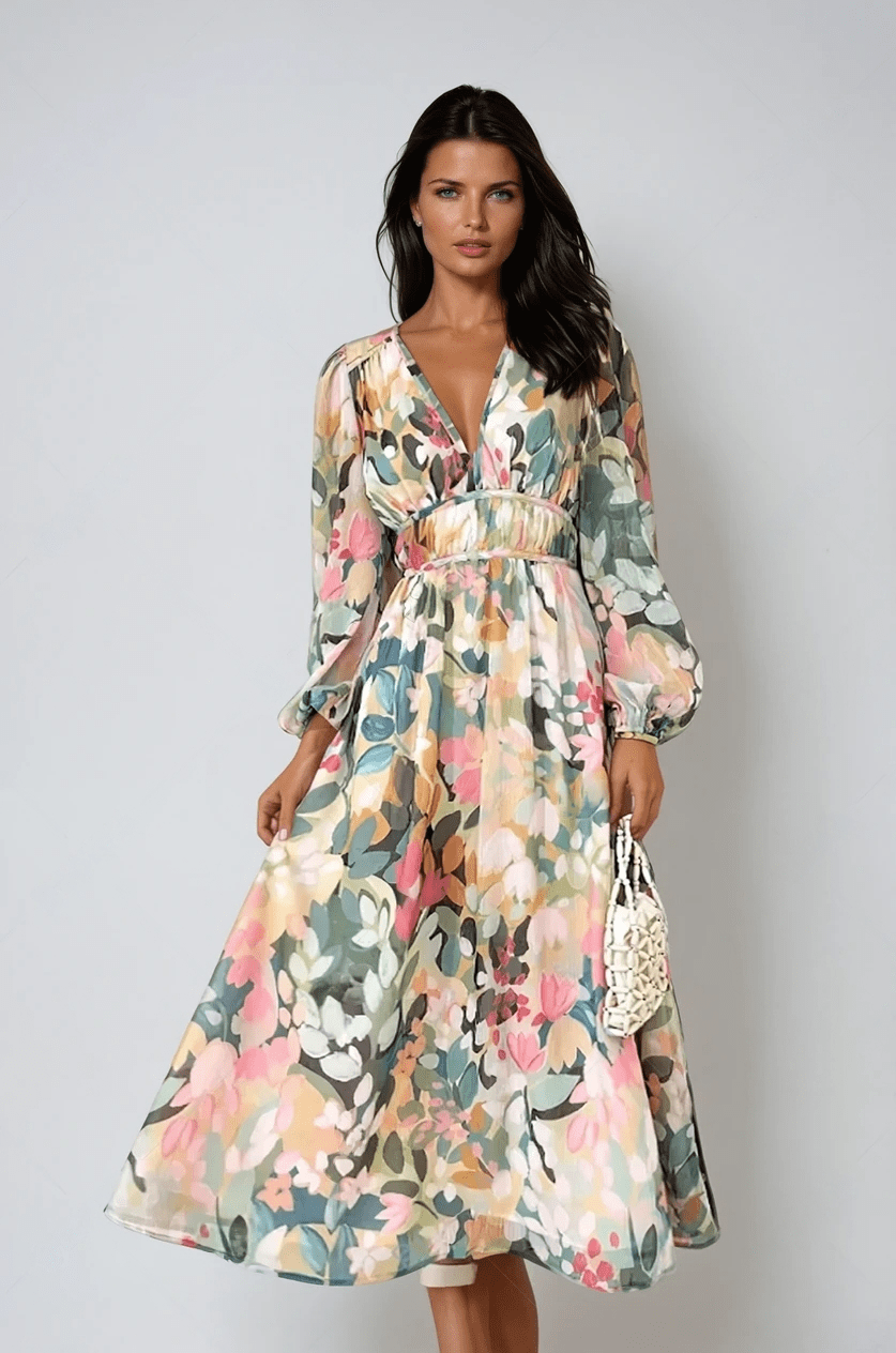 Robe longue fleurie à col V avec manches ballon et taille empire