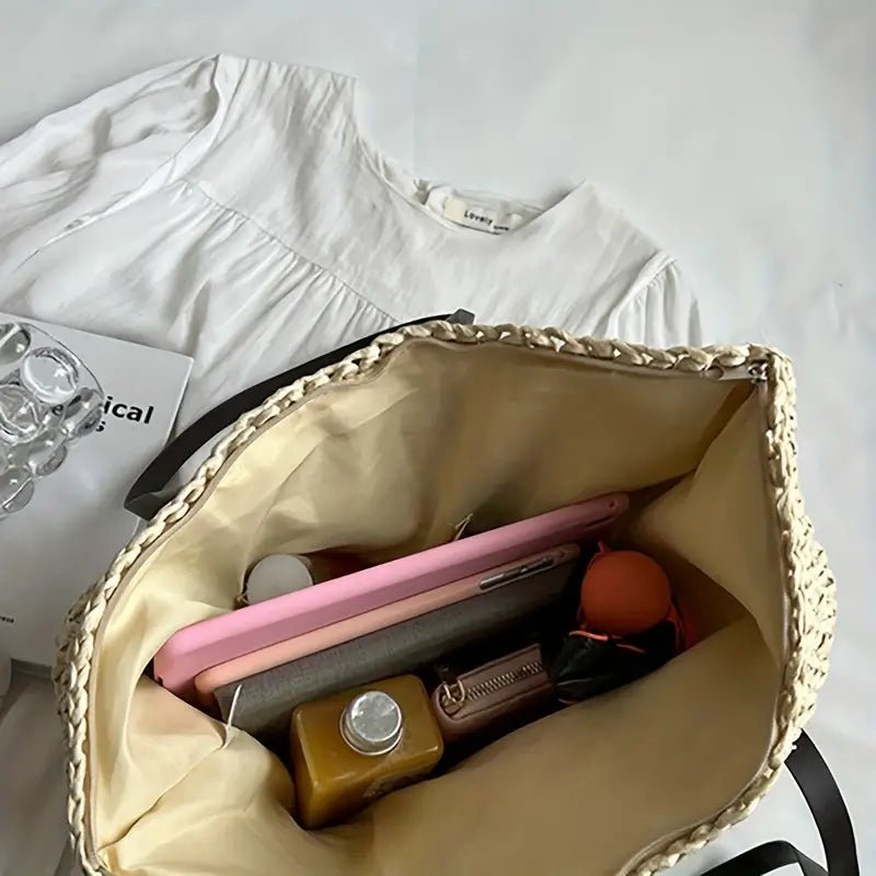 Sac cabas femme paille tressée raffia grand format porté épaule plage