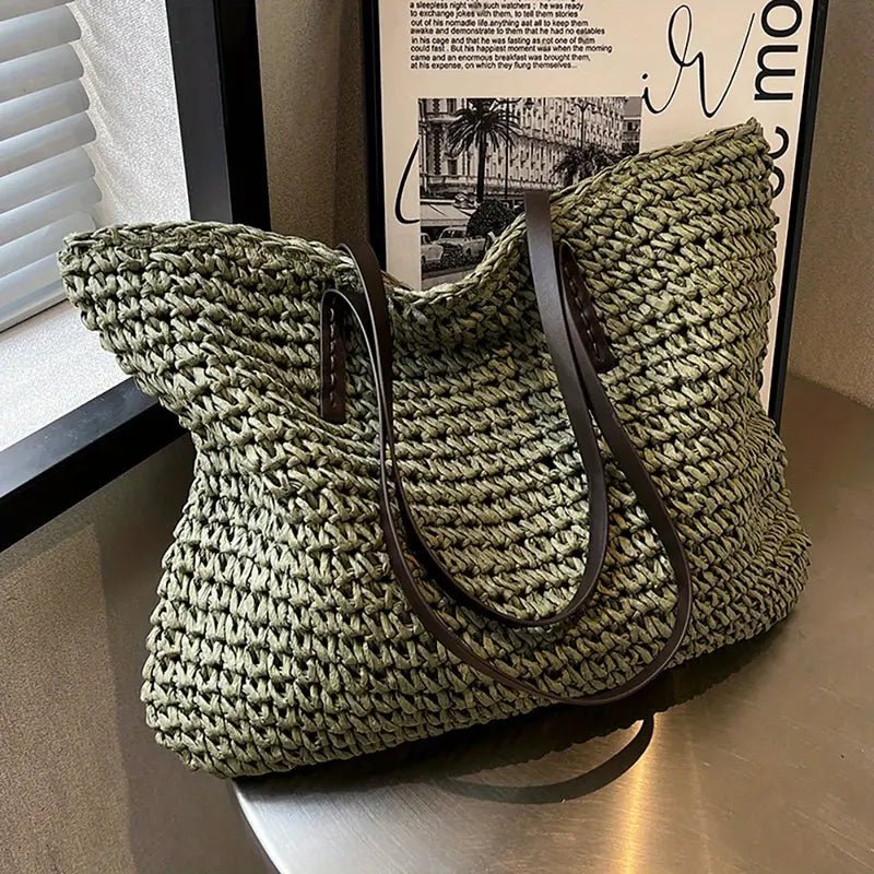Sac cabas femme paille tressée raffia grand format porté épaule plage