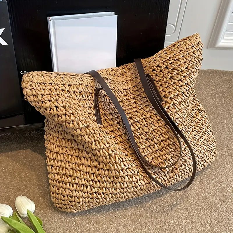 Sac cabas femme paille tressée raffia grand format porté épaule plage