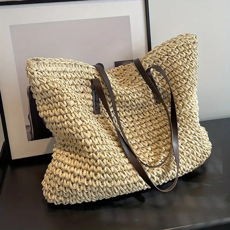 Sac cabas femme paille tressée raffia grand format porté épaule plage