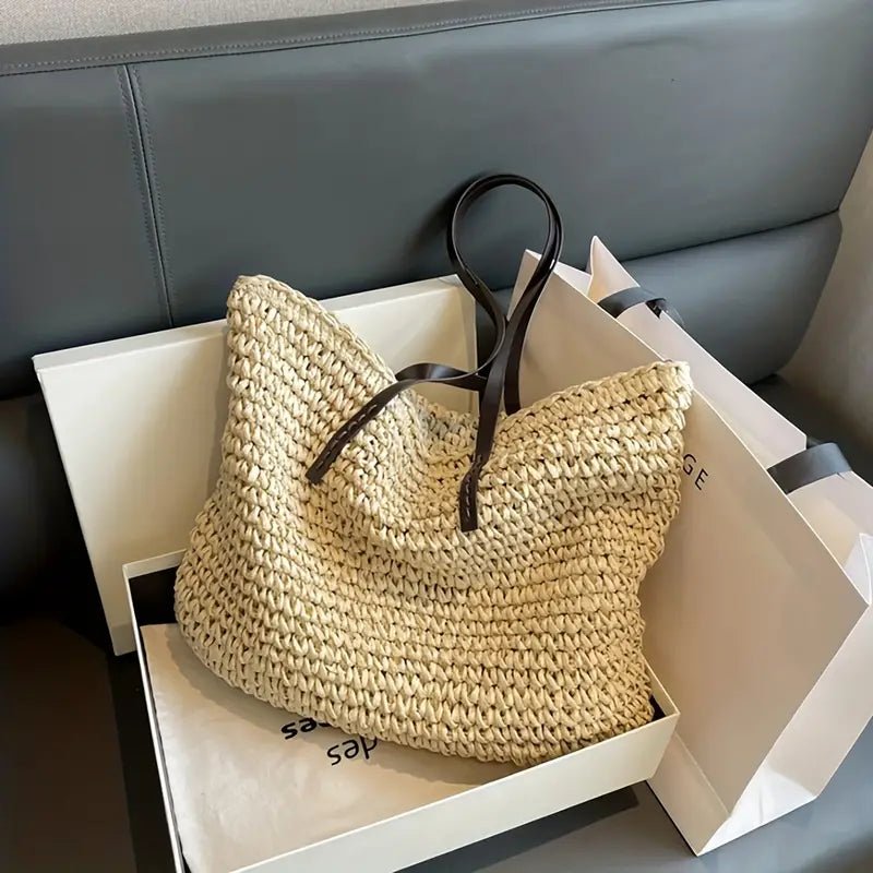 Sac cabas femme paille tressée raffia grand format porté épaule plage
