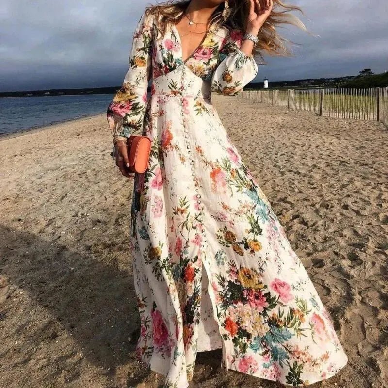 Robe longue femme imprimé floral col V manches bouffantes boutonnée style bohème fluide